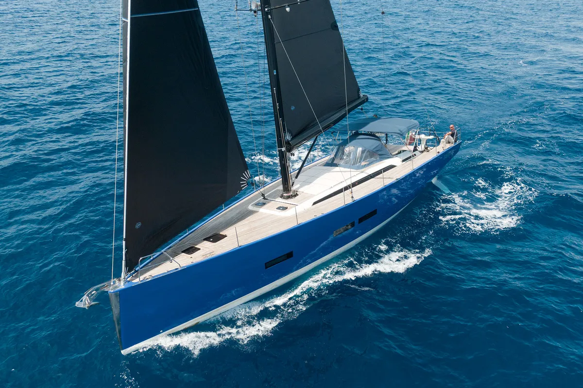 Exterior view of Avalon, a Solaris 55 sailboat at Olbia, Italy
