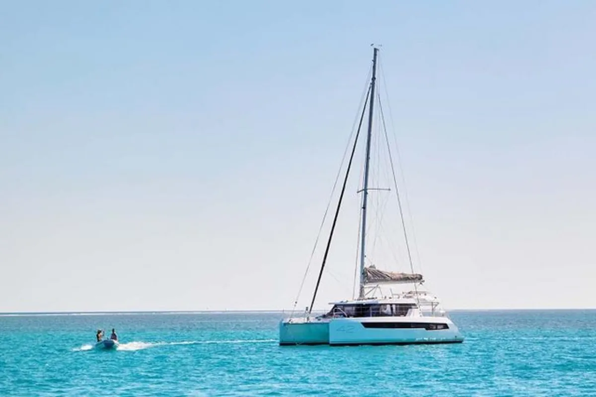 Exterior view of Serenity, a Leopard 42 catamaran at Central Abaco, Bahamas
