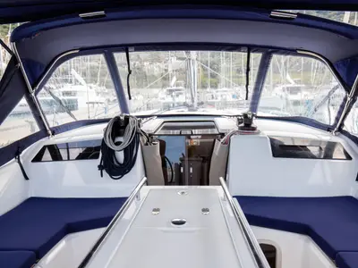 Cockpit of Cupido - Comfort line, a Beneteau Oceanis 40.1 sailboat at Tonnarella, Italy