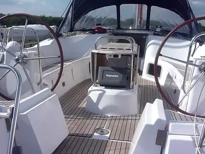 Cockpit of Colibrì, a Jeanneau Sun Odyssey 44 i sailboat at Municipal Unit of Lefkada, Greece