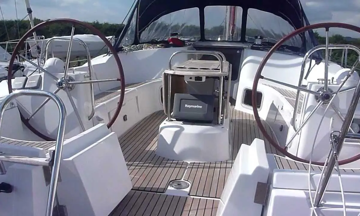 Cockpit of Colibrì, a Jeanneau Sun Odyssey 44 i sailboat at Municipal Unit of Lefkada, Greece