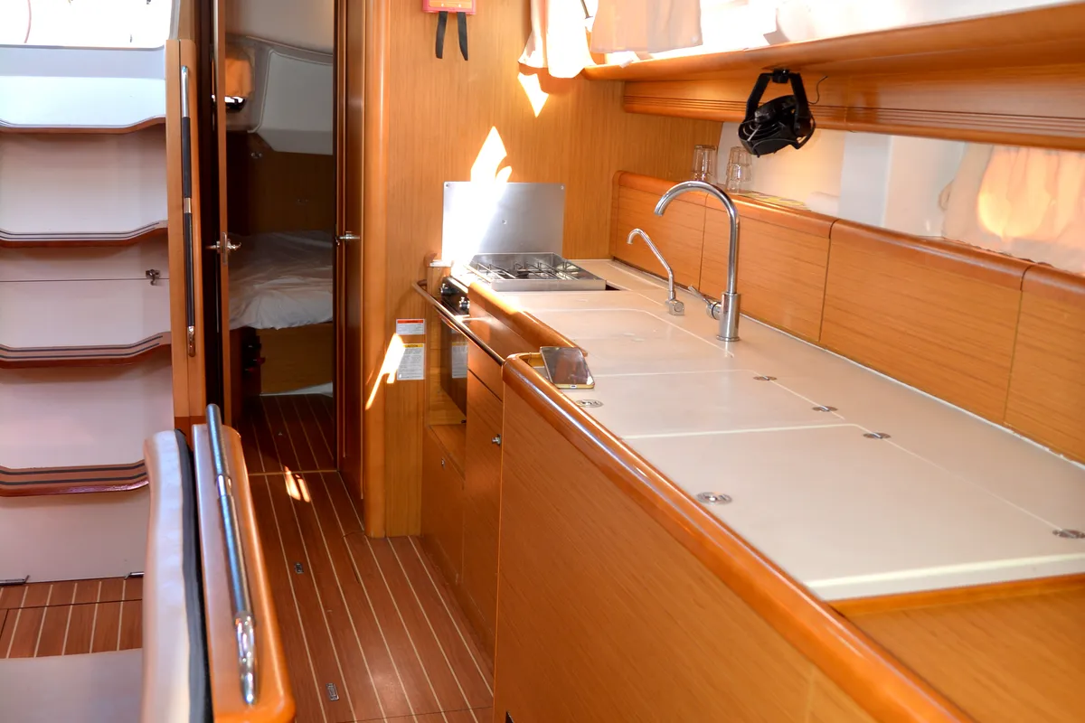 Galley of Colibrì, a Jeanneau Sun Odyssey 44 i sailboat at Municipal Unit of Lefkada, Greece