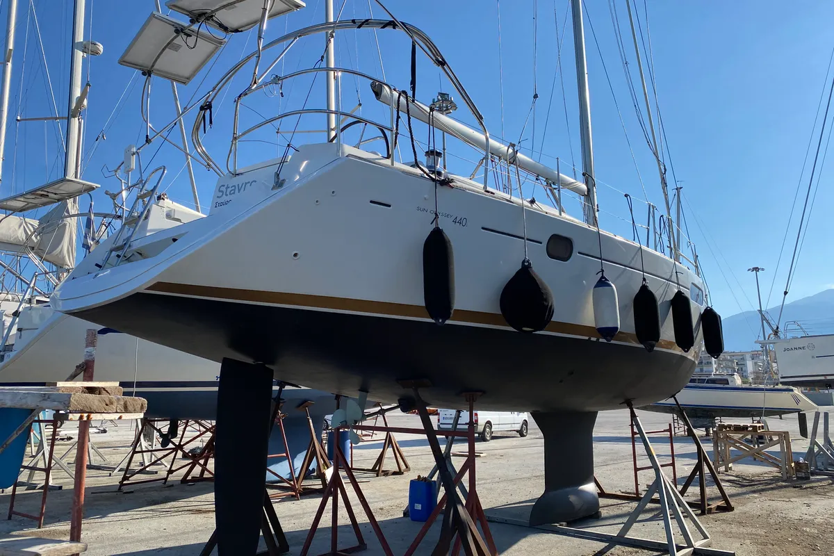 Exterior view of Colibrì, a Jeanneau Sun Odyssey 44 i sailboat at Municipal Unit of Lefkada, Greece