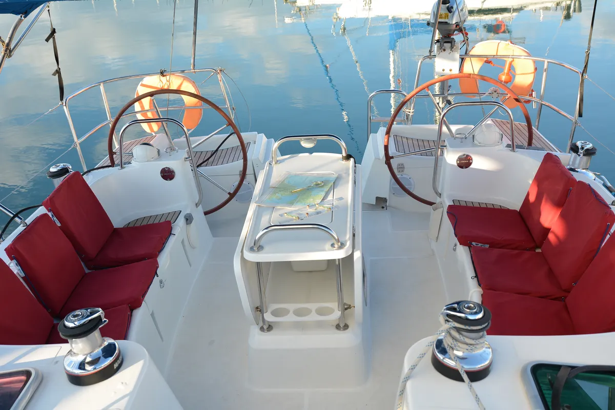 Cockpit of Colibrì, a Jeanneau Sun Odyssey 44 i sailboat at Municipal Unit of Lefkada, Greece