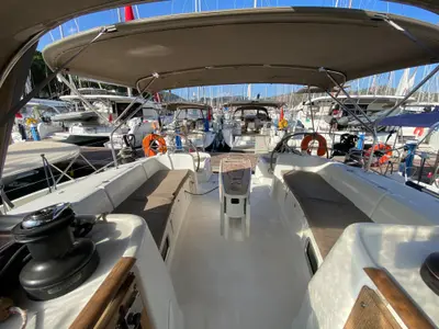 Deck of Take Five, a Beneteau Cyclades 50.5 sailboat at Fethiye, Turkey