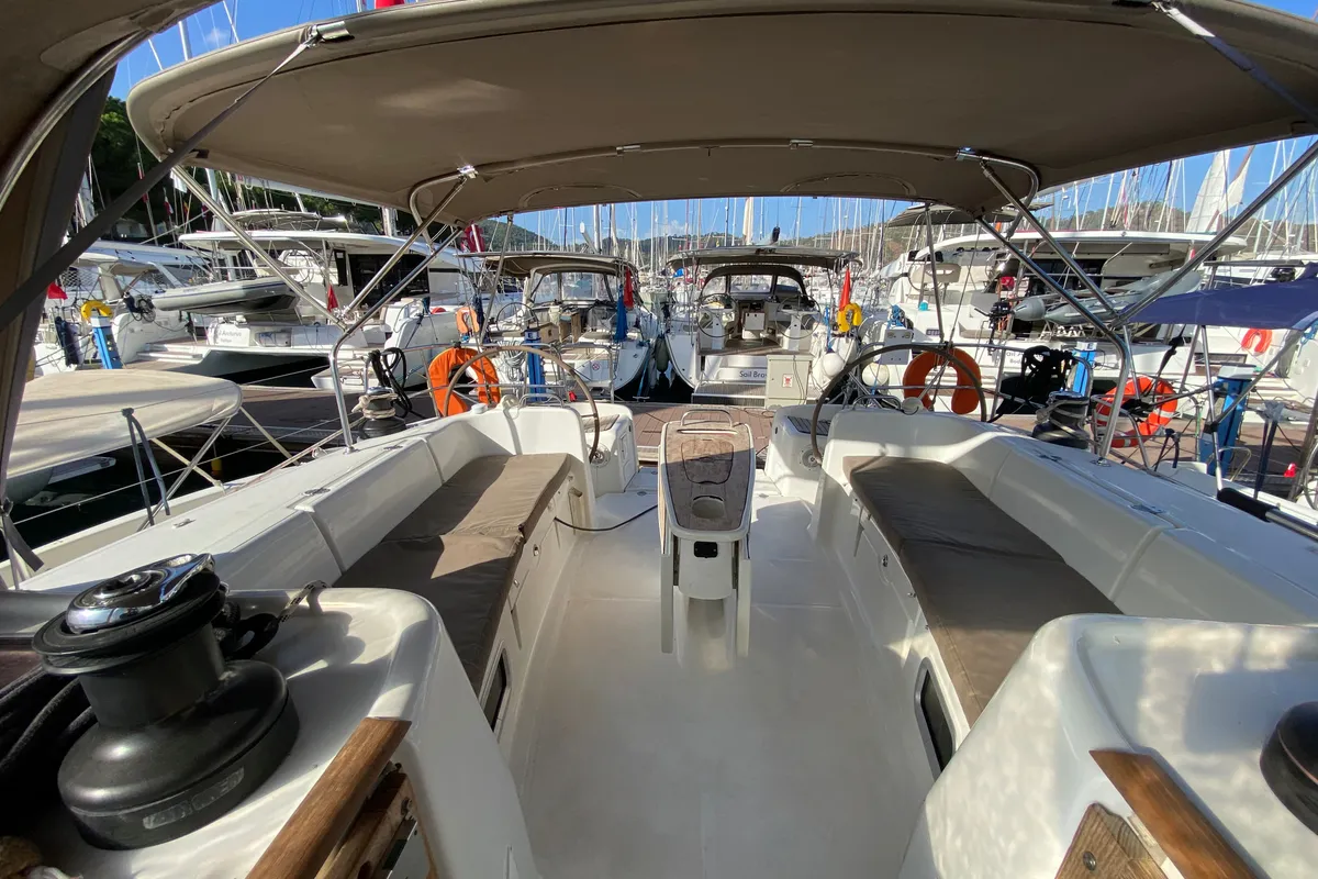 Deck of Take Five, a Beneteau Cyclades 50.5 sailboat at Fethiye, Turkey