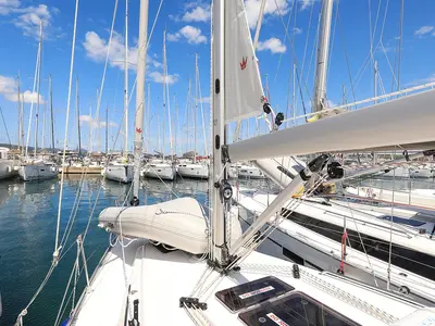 Deck of Deneb, a Bavaria Cruiser 34 sailboat at Jezera, Croatia