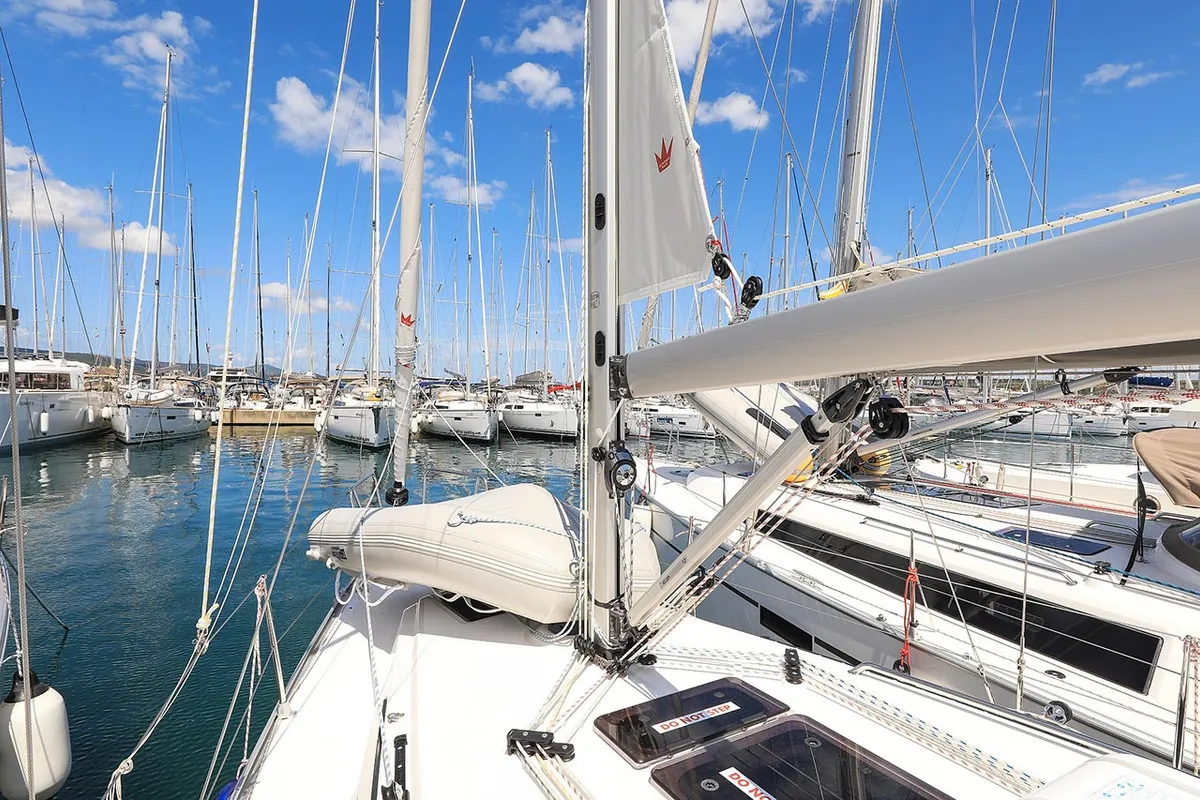 Deck of Deneb, a Bavaria Cruiser 34 sailboat at Jezera, Croatia