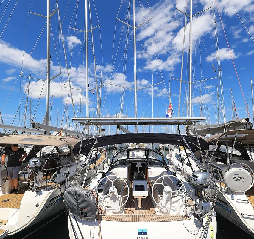 Exterior view of Deneb, a Bavaria Cruiser 34 sailboat at Jezera, Croatia