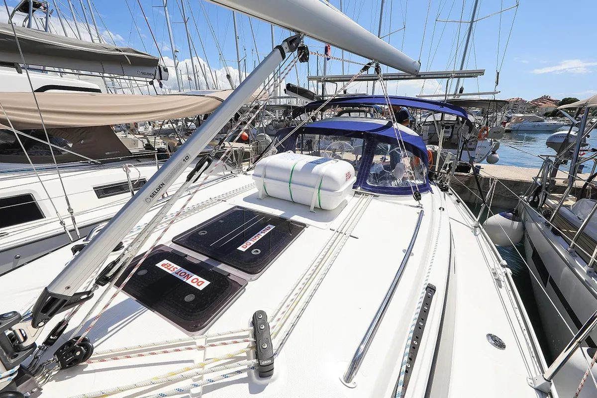Deck of Deneb, a Bavaria Cruiser 34 sailboat at Jezera, Croatia