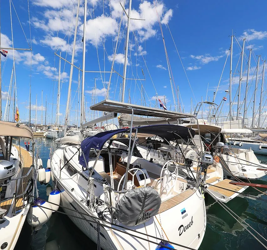 Exterior view of Deneb, a Bavaria Cruiser 34 sailboat at Jezera, Croatia