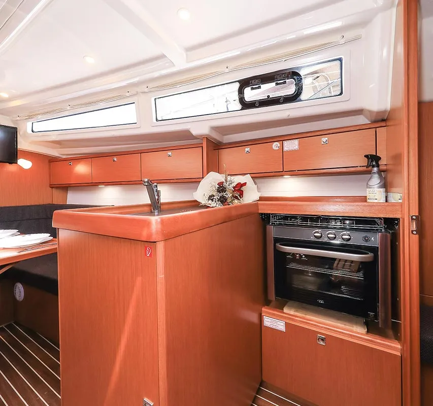 Galley of Deneb, a Bavaria Cruiser 34 sailboat at Jezera, Croatia