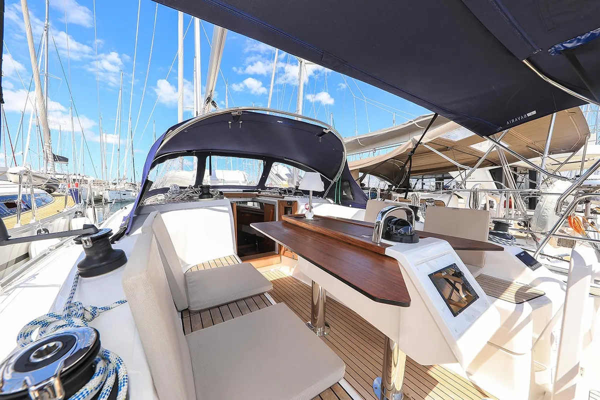 Deck of Deneb, a Bavaria Cruiser 34 sailboat at Jezera, Croatia
