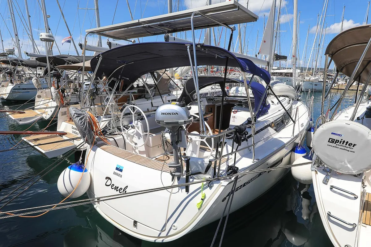 Exterior view of Deneb, a Bavaria Cruiser 34 sailboat at Jezera, Croatia