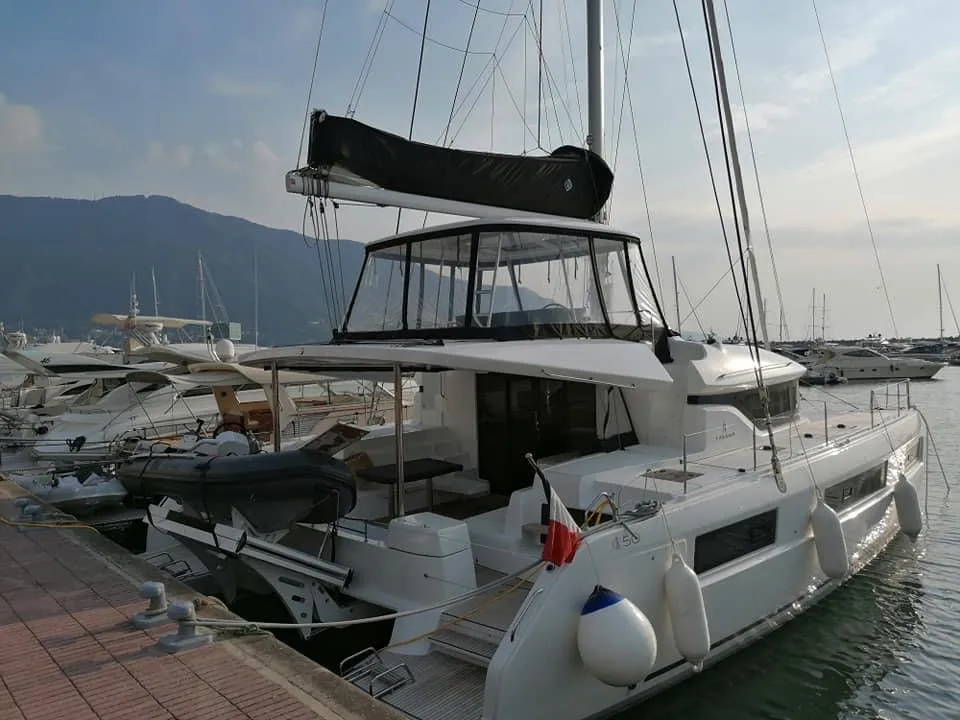 Exterior view of Colibrì Platinum Service, a Lagoon 50 catamaran at Castellammare di Stabia, Italy