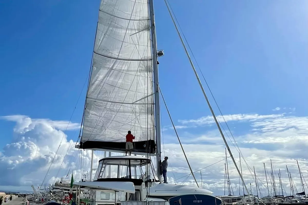 Exterior view of Colibrì Platinum Service, a Lagoon 50 catamaran at Castellammare di Stabia, Italy