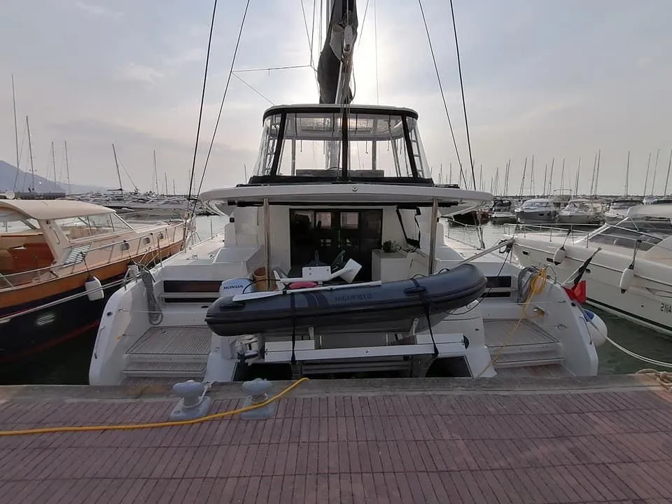 Exterior view of Colibrì Platinum Service, a Lagoon 50 catamaran at Castellammare di Stabia, Italy