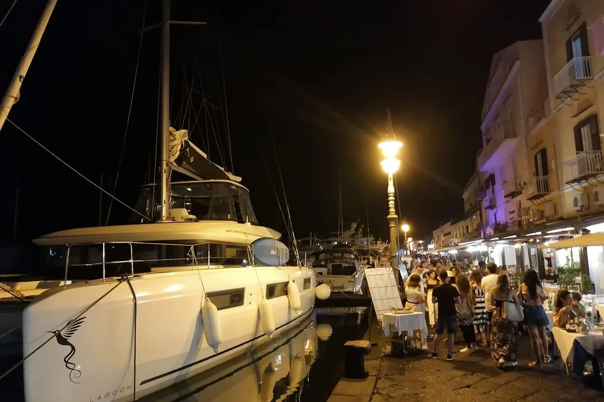 Exterior view of Colibrì Platinum Service, a Lagoon 50 catamaran at Castellammare di Stabia, Italy