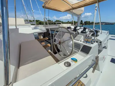 Cockpit of Prinz Eugen, a Fountaine Pajot Tanna 47 catamaran at Grad Pula, Croatia