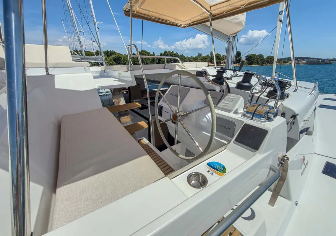 Cockpit of Prinz Eugen, a Fountaine Pajot Tanna 47 catamaran at Grad Pula, Croatia