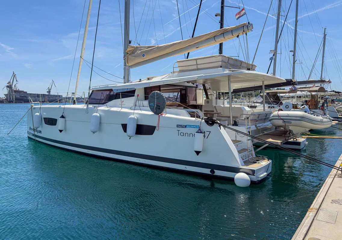 Exterior view of Prinz Eugen, a Fountaine Pajot Tanna 47 catamaran at Grad Pula, Croatia
