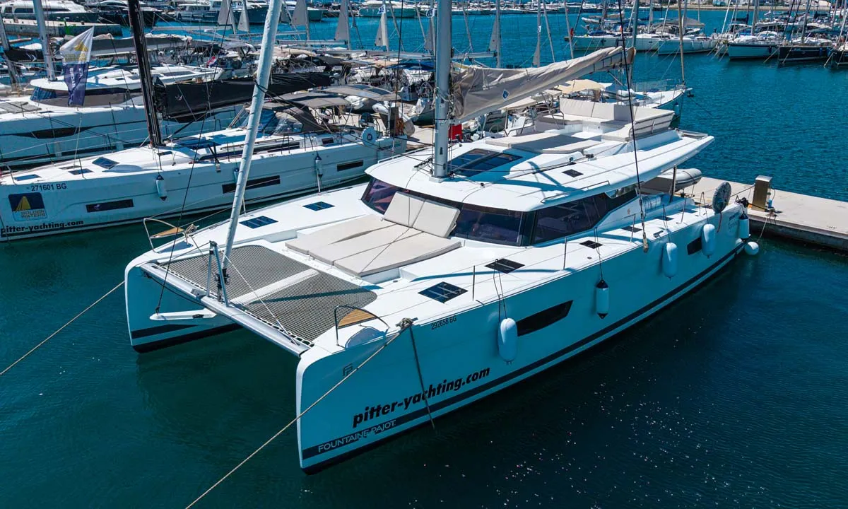 Exterior view of Prinz Eugen, a Fountaine Pajot Tanna 47 catamaran at Grad Pula, Croatia