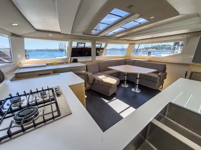 Salon of Prinz Eugen, a Fountaine Pajot Tanna 47 catamaran at Grad Pula, Croatia