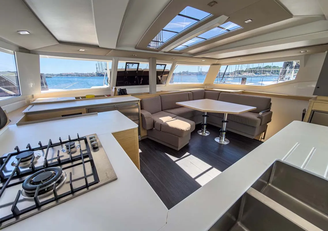 Salon of Prinz Eugen, a Fountaine Pajot Tanna 47 catamaran at Grad Pula, Croatia