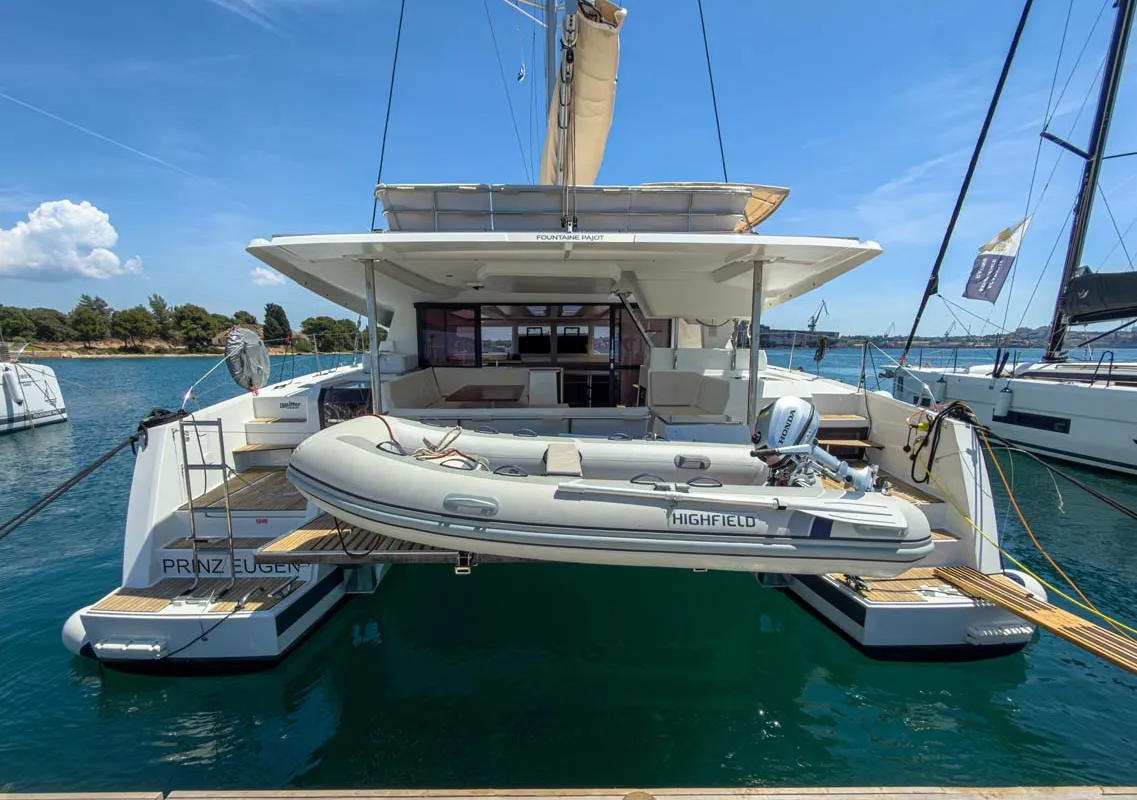 Exterior view of Prinz Eugen, a Fountaine Pajot Tanna 47 catamaran at Grad Pula, Croatia