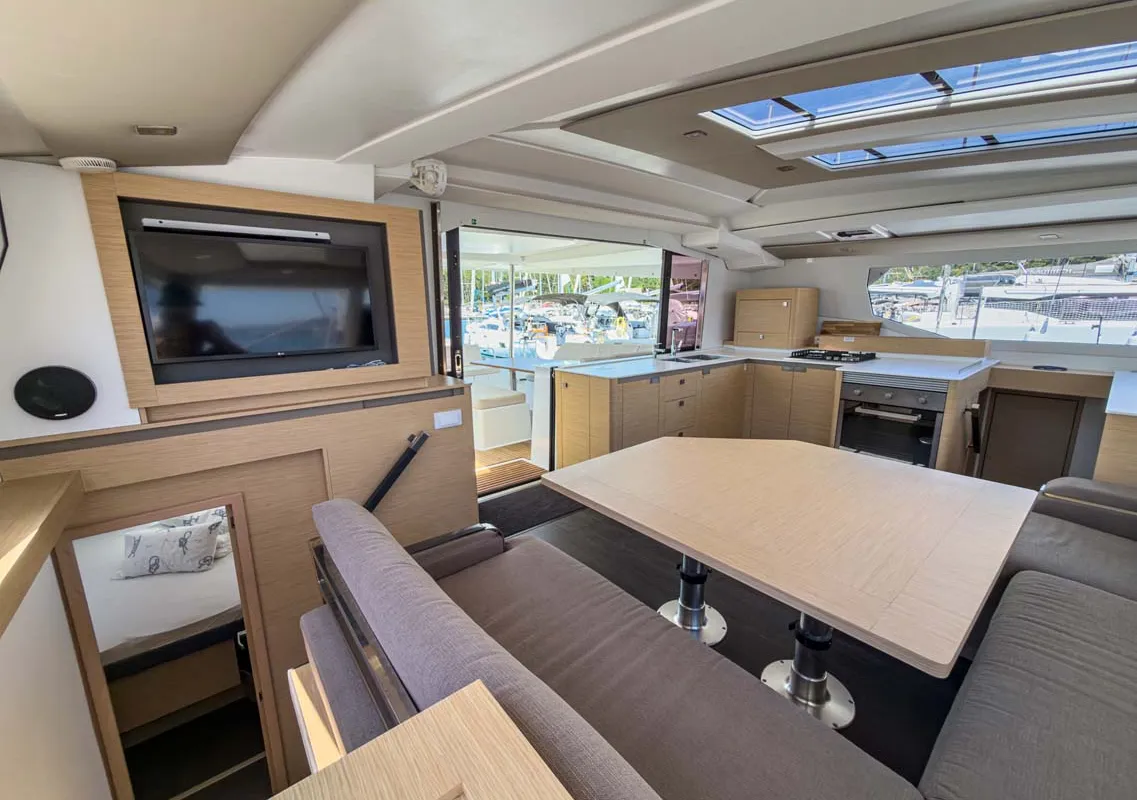 Salon of Prinz Eugen, a Fountaine Pajot Tanna 47 catamaran at Grad Pula, Croatia