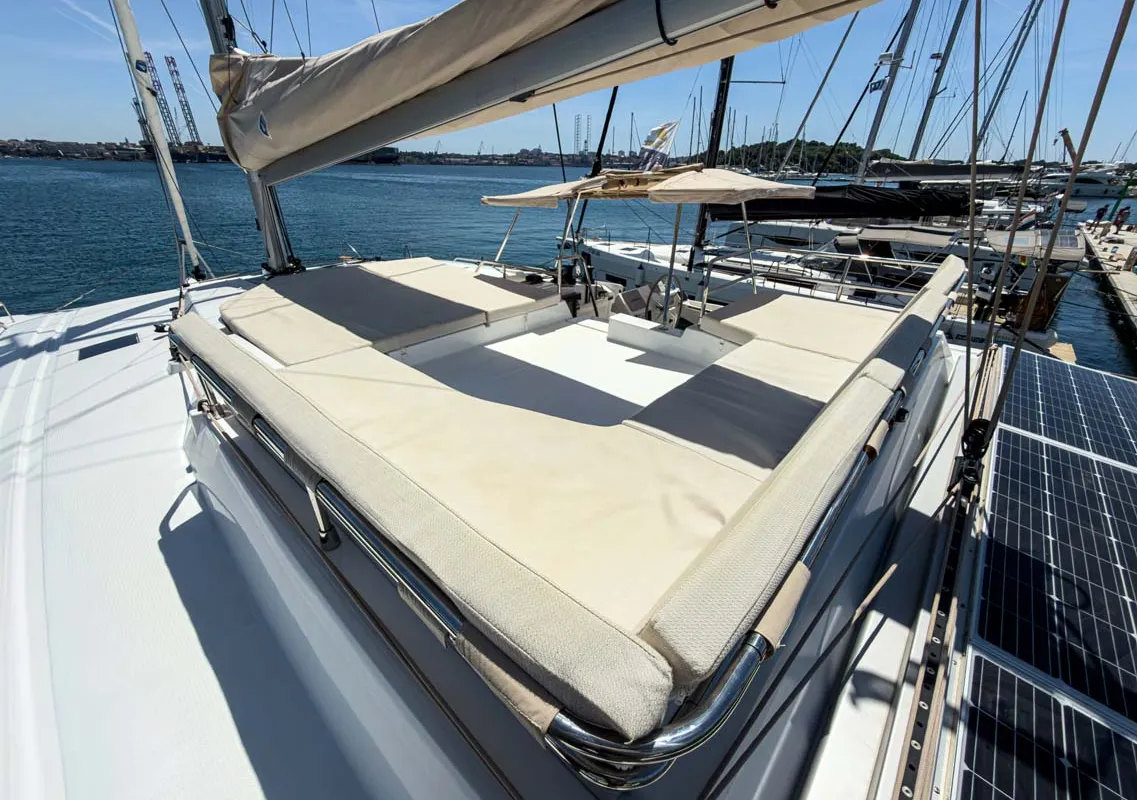 Deck of Prinz Eugen, a Fountaine Pajot Tanna 47 catamaran at Grad Pula, Croatia
