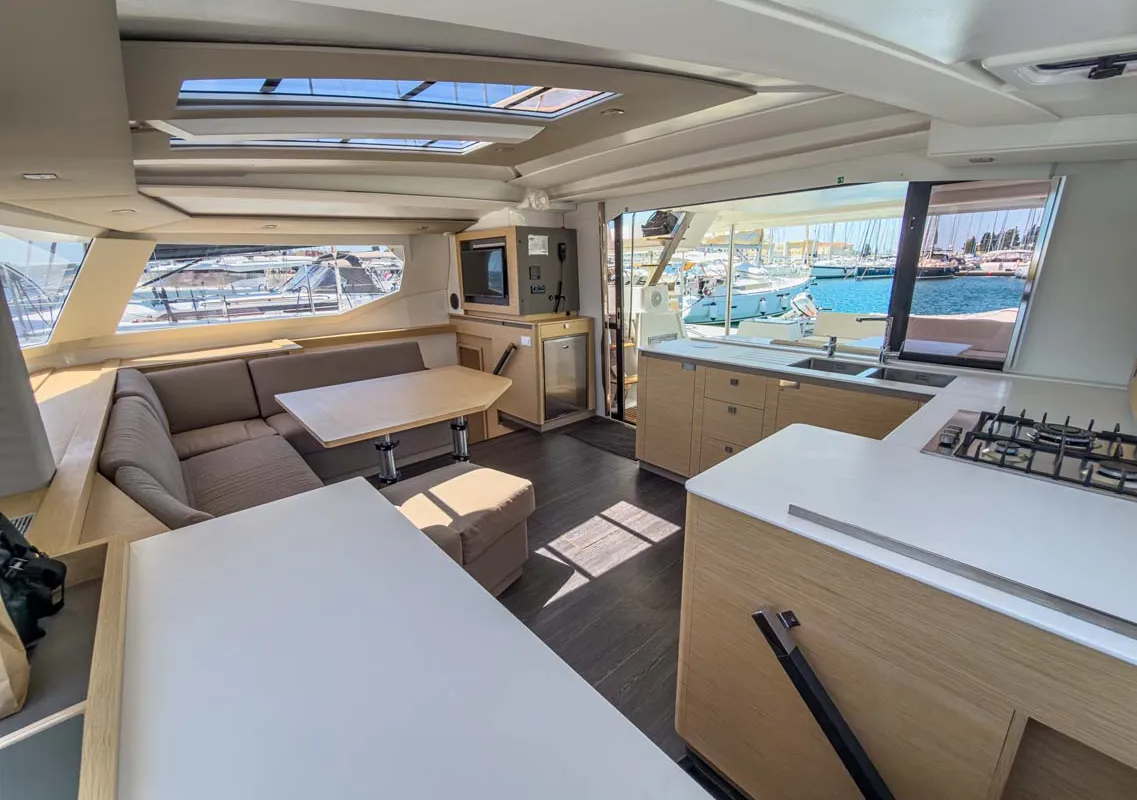 Salon of Prinz Eugen, a Fountaine Pajot Tanna 47 catamaran at Grad Pula, Croatia