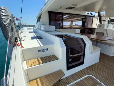 Deck of Prinz Eugen, a Fountaine Pajot Tanna 47 catamaran at Grad Pula, Croatia