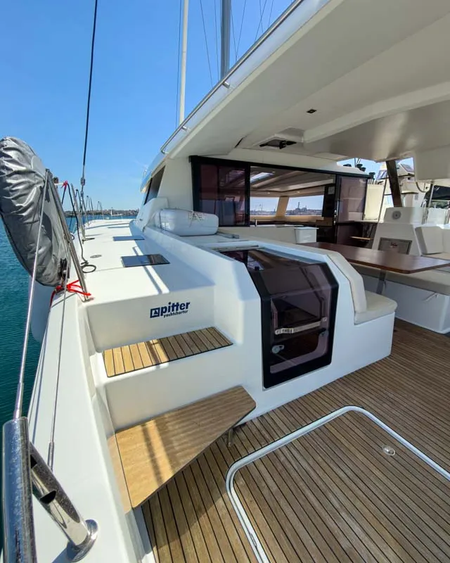 Deck of Prinz Eugen, a Fountaine Pajot Tanna 47 catamaran at Grad Pula, Croatia