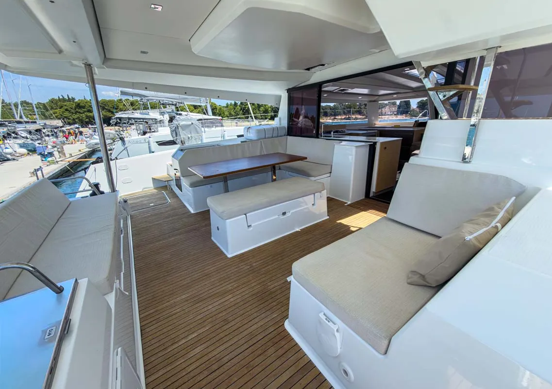 Deck of Prinz Eugen, a Fountaine Pajot Tanna 47 catamaran at Grad Pula, Croatia