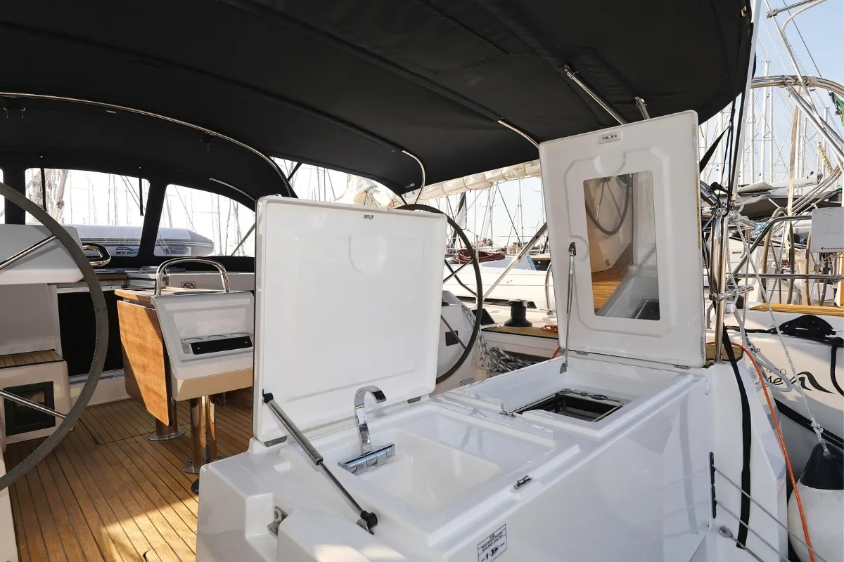 Deck of Bella, a Bavaria C45 Holiday sailboat at Pirovac, Croatia
