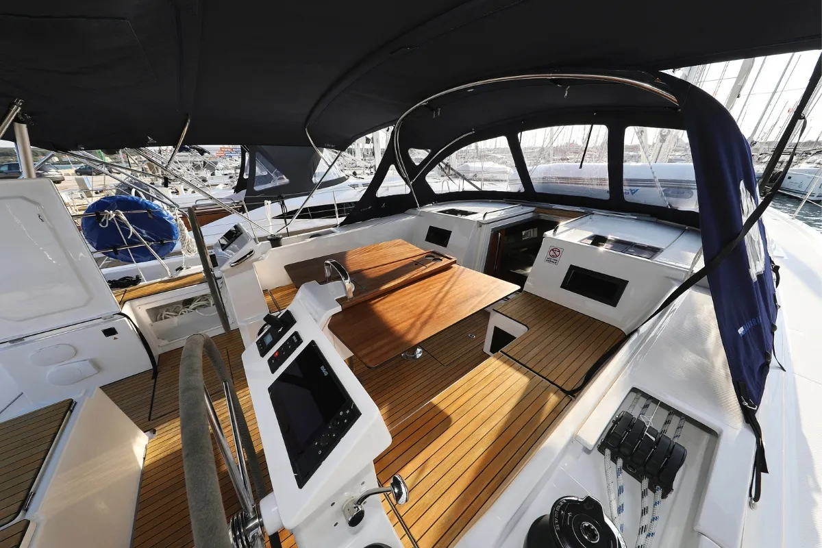 Cockpit of Bella, a Bavaria C45 Holiday sailboat at Pirovac, Croatia
