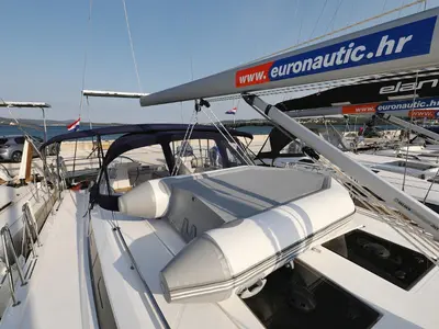 Deck of Bella, a Bavaria C45 Holiday sailboat at Pirovac, Croatia