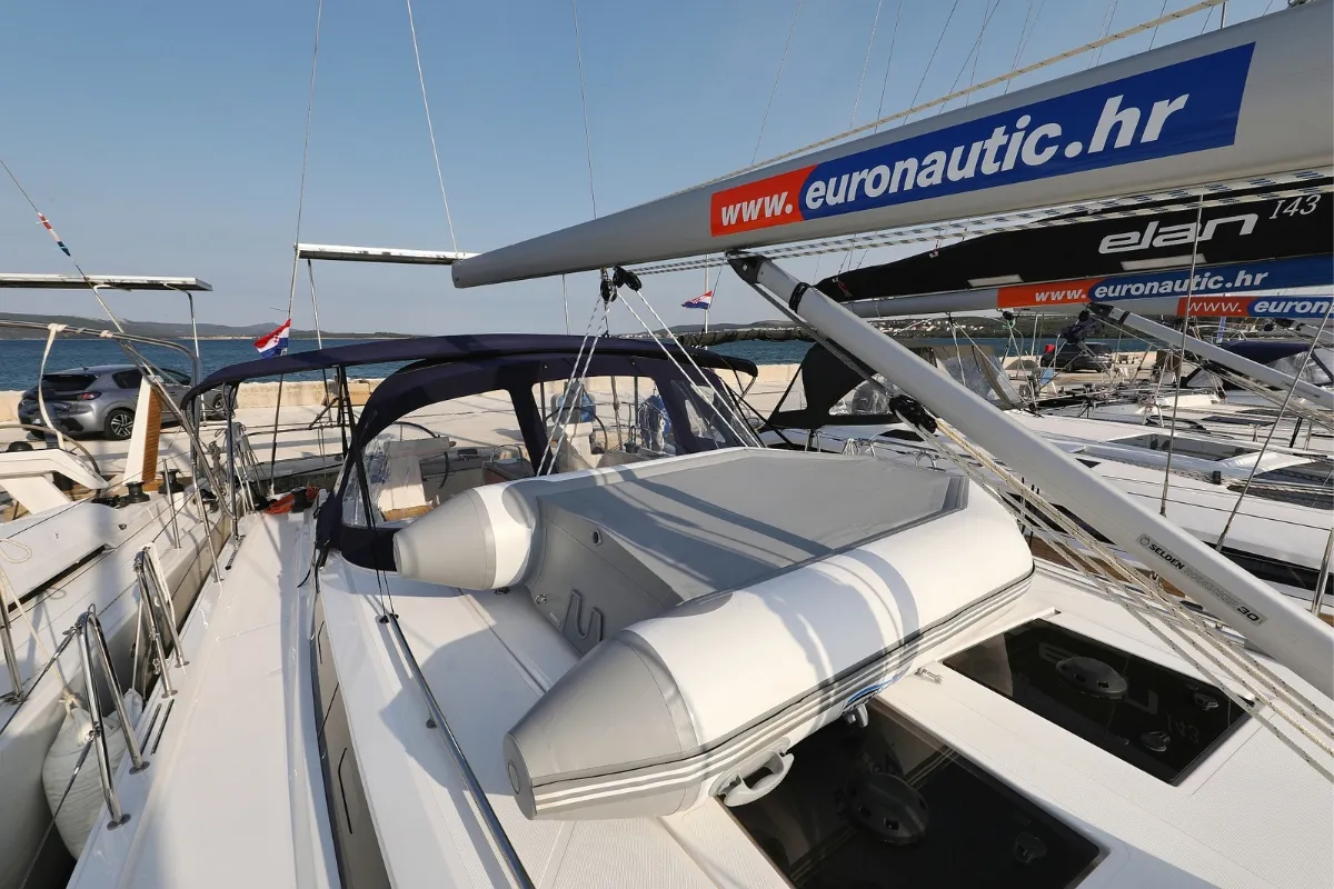 Deck of Bella, a Bavaria C45 Holiday sailboat at Pirovac, Croatia