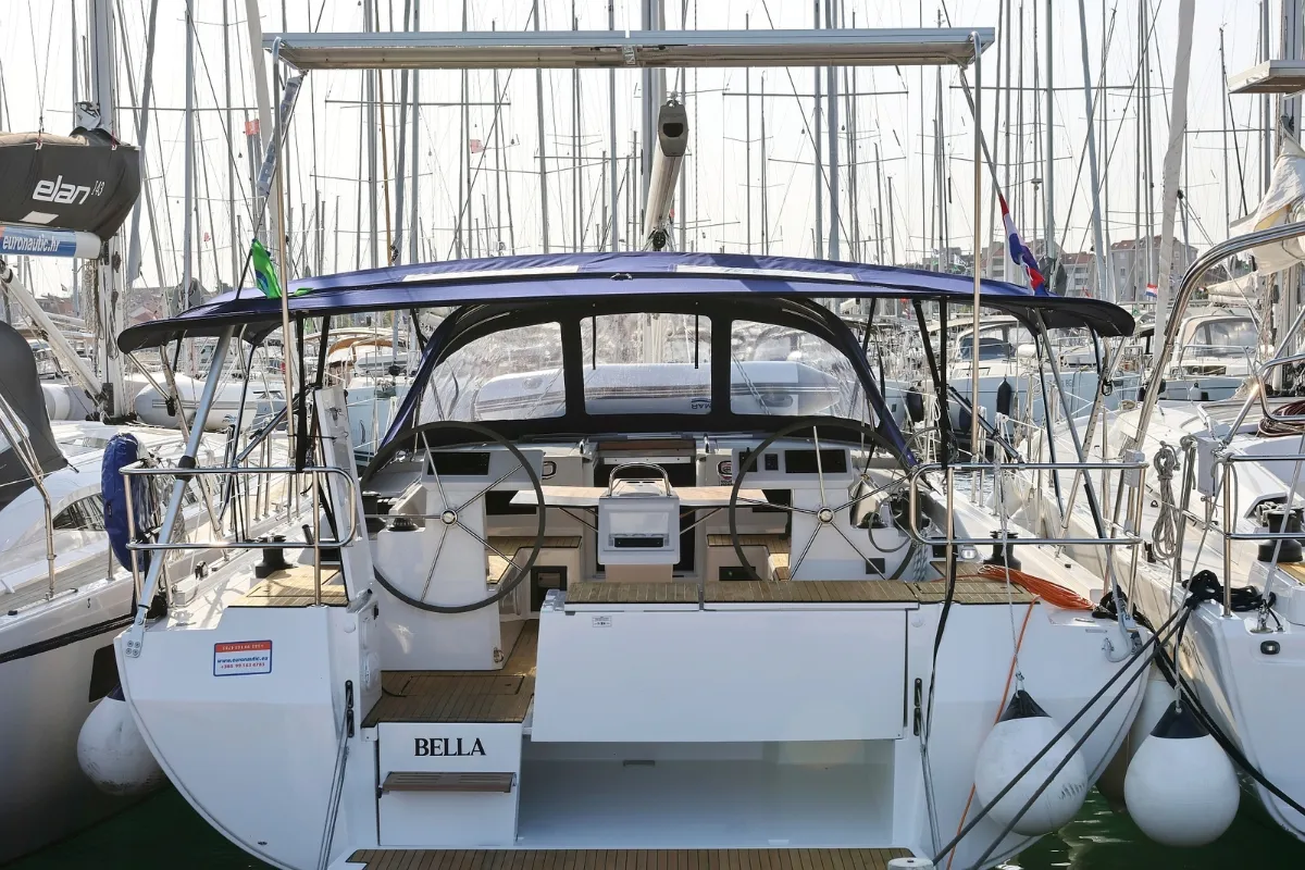 Cockpit of Bella, a Bavaria C45 Holiday sailboat at Pirovac, Croatia