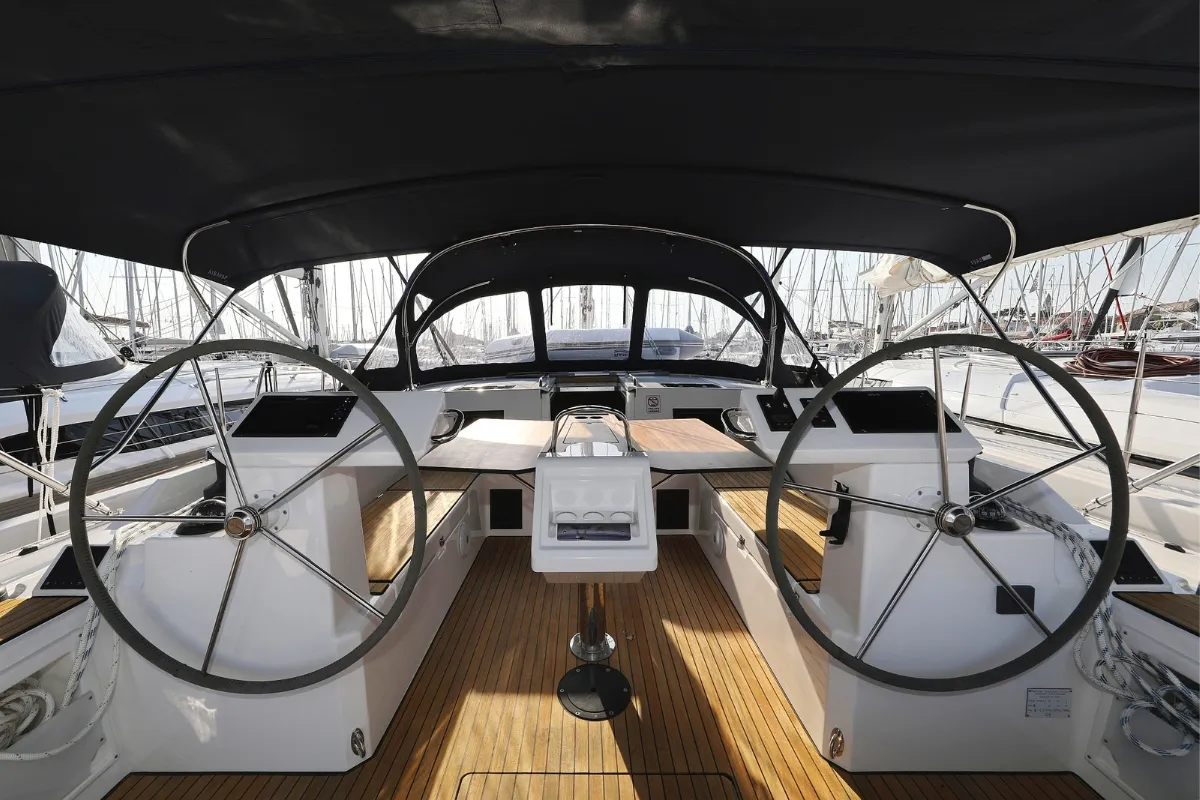 Cockpit of Bella, a Bavaria C45 Holiday sailboat at Pirovac, Croatia