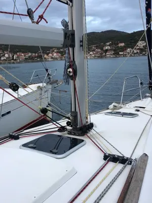 Deck of Mala, a Jeanneau Sun Odyssey 36i sailboat at Općina Marina, Croatia