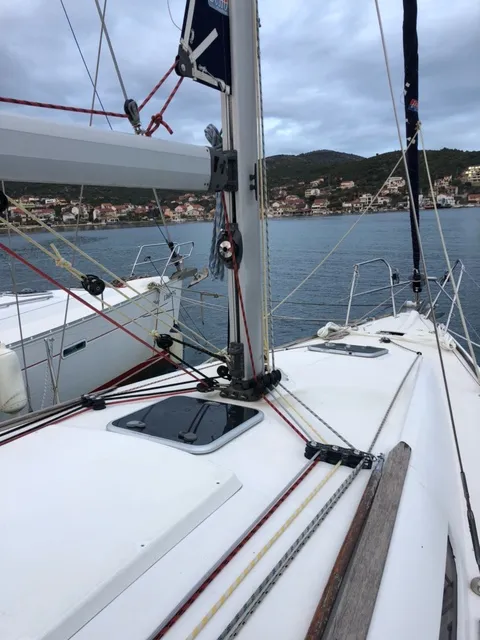 Deck of Mala, a Jeanneau Sun Odyssey 36i sailboat at Općina Marina, Croatia