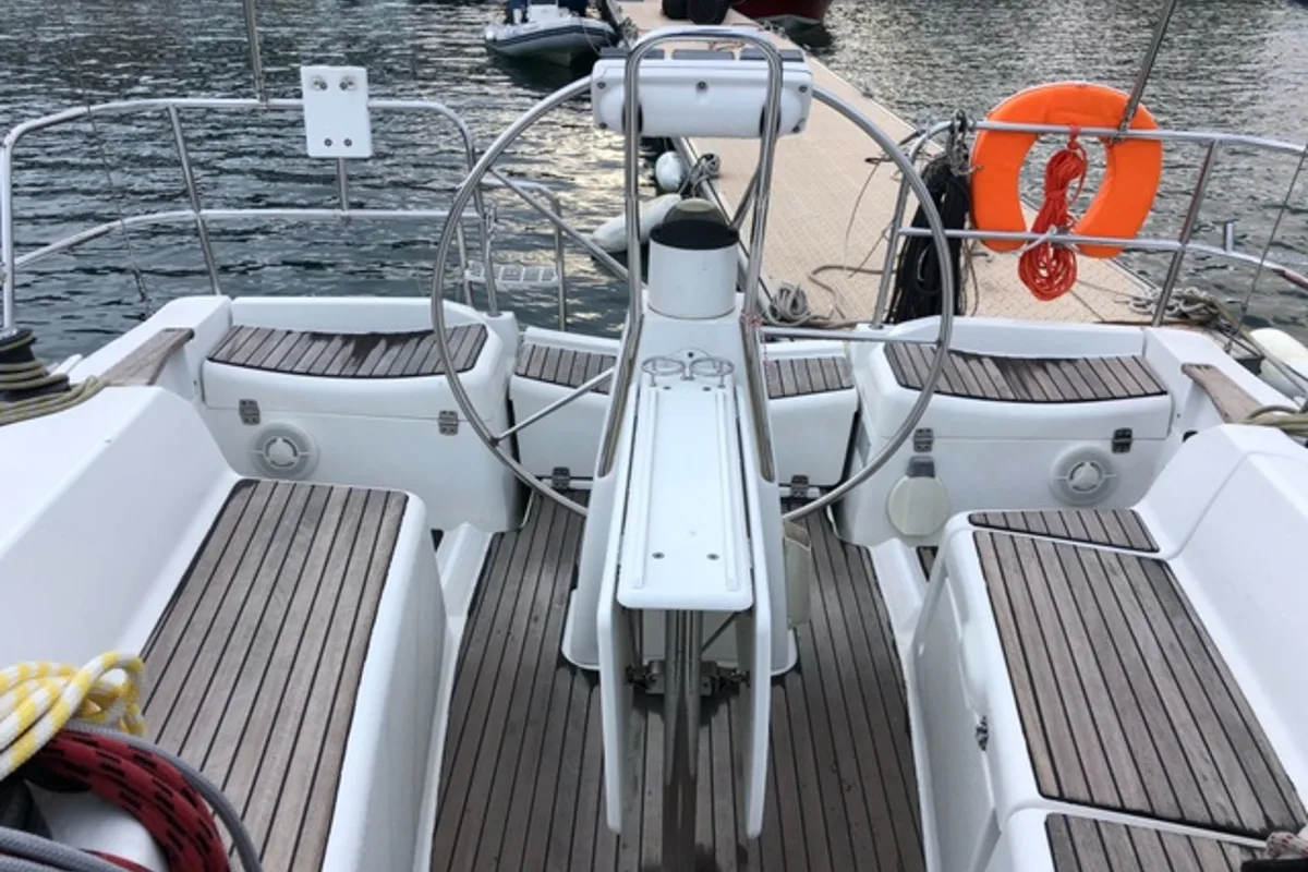 Cockpit of Mala, a Jeanneau Sun Odyssey 36i sailboat at Općina Marina, Croatia