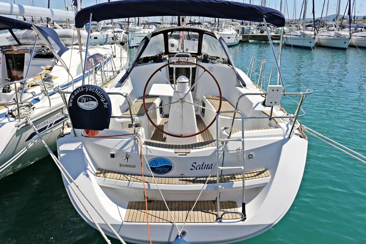 Cockpit of Mala, a Jeanneau Sun Odyssey 36i sailboat at Općina Marina, Croatia