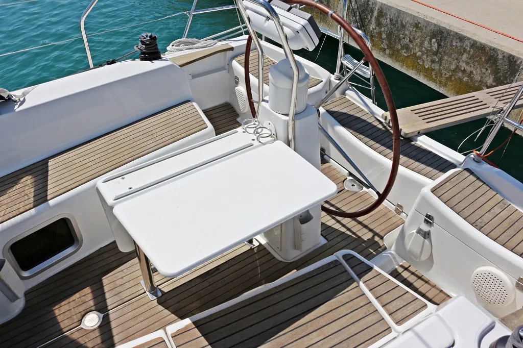 Deck of Mala, a Jeanneau Sun Odyssey 36i sailboat at Općina Marina, Croatia