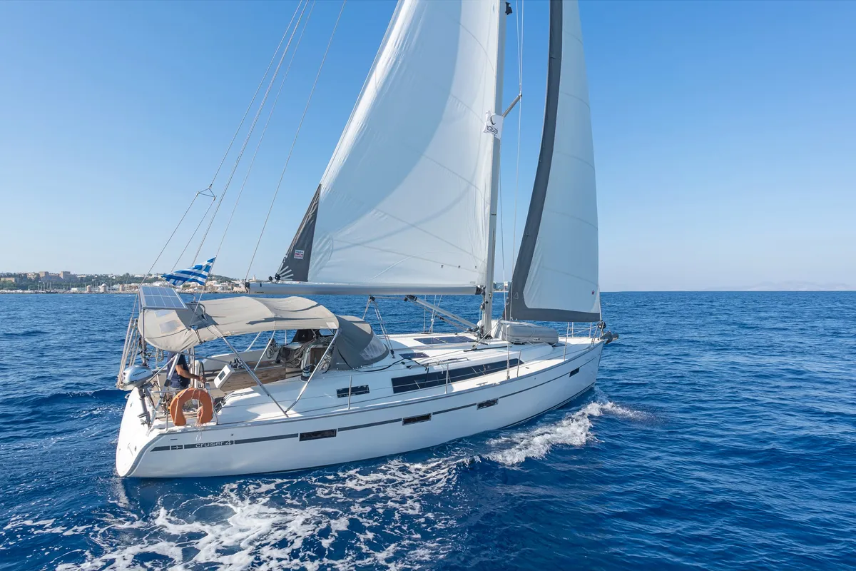 Exterior view of Forkys, a Bavaria Cruiser 41 sailboat at Municipal Unit of Rhodes, Greece