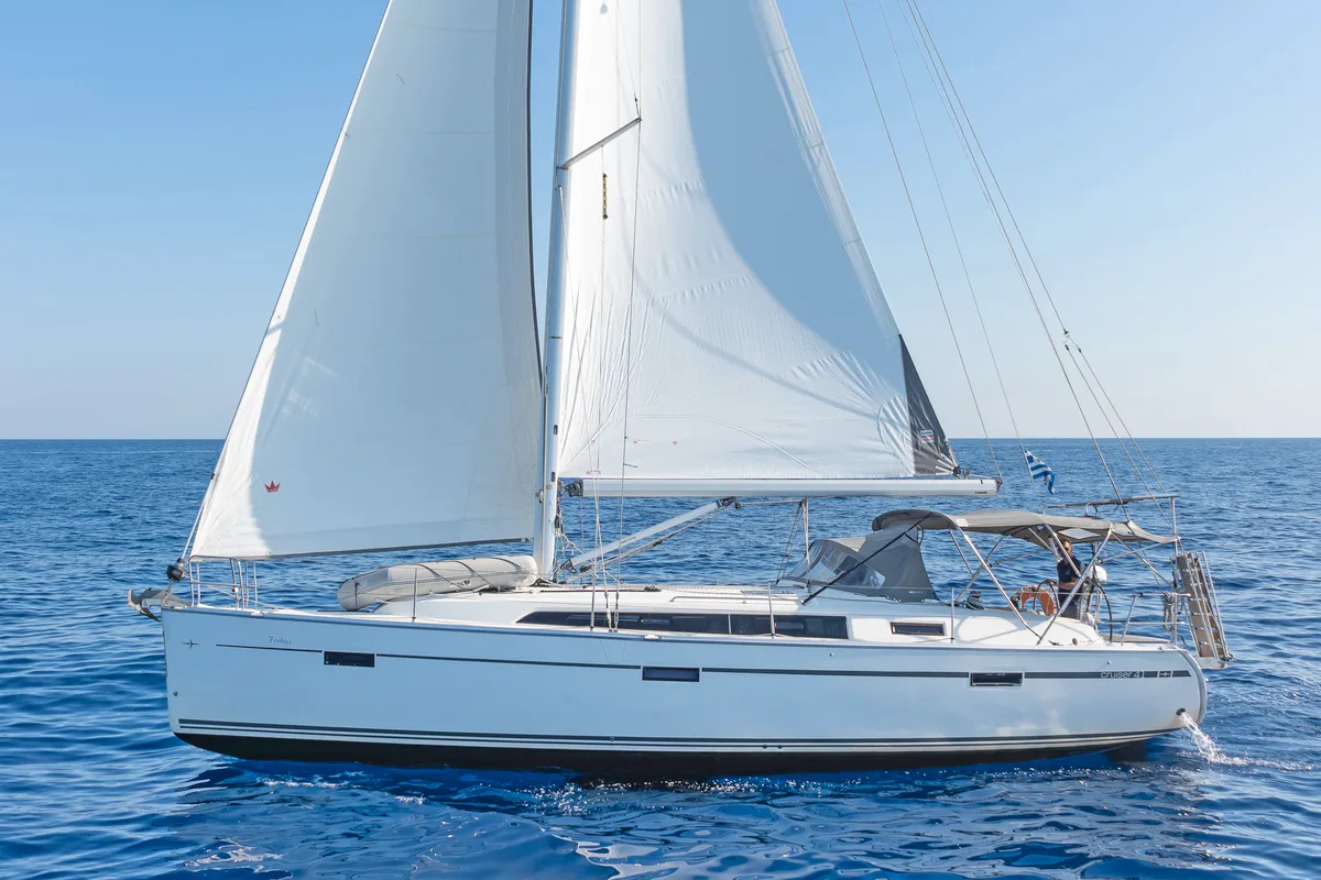 Exterior view of Forkys, a Bavaria Cruiser 41 sailboat at Municipal Unit of Rhodes, Greece