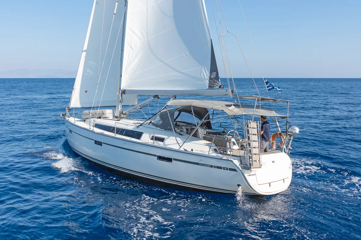 Exterior view of Forkys, a Bavaria Cruiser 41 sailboat at Municipal Unit of Rhodes, Greece