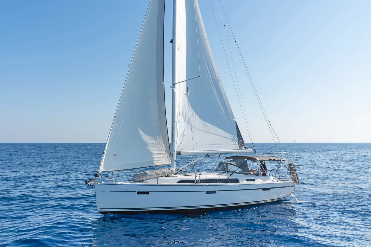 Exterior view of Forkys, a Bavaria Cruiser 41 sailboat at Municipal Unit of Rhodes, Greece